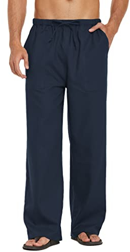 COOFANDY Leinenhose Herren mit Tunnelzug Herrenhose Leicht Sommerhose Freizeithose Einfarbig Hosen mit Taschen Navy Blau XXL