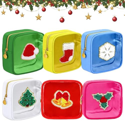 Mini Christmas Zipper Pouches, Christmas Preppy Patch Makeup Bags, Small Nylon Holiday Travel Cosmetic Pouches for Women, Clear Preppy Skincare Organizer Gift (6Pcs b)