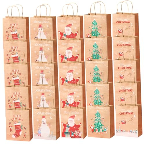 WEKADRIN Weihnachtliche Papiertüten mit Henkel 25 Stück Weihnachtsgeschenktüten für Süßigkeiten Snacks und Party Leckereien Papiertragetaschen mit Weihnachtsmotiven für Weihnachtsfeiern
