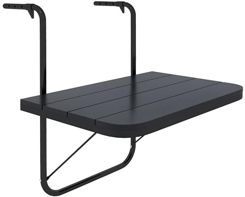 Outsunny Tavolino da Balcone Pieghevole Regolabile, Tavolo Regolabile per Ringhiera di Balcone, in Alluminio e Composito Plastico Effetto Legno, Porta Piante o Snack, Nero