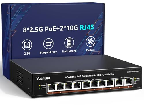 YuanLey Switch PoE 2.5G a 8 Porte Non Gestito, 8 x PoE Base-T 2.5G, 2 x Uplink RJ45 10G, Budget 120W, Metallo Senza Ventola, Switch Ethernet PoE 10 Porte 2.5Gbe/10G per NAS, PC Gaming, AP