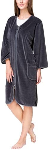 Aquarti Damen Velours Bademantel Morgenmantel Kurz mit Reißverschluss, Farbe: Graphit, Größe: 4XL