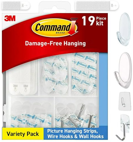 Command Variety Pack, Picture Hanging Strips, Wire Hooks and Wall Hooks, Damage Free Hanging Clear Variety Pack for Up to 19 Back to School Dorm Organizers, 1 Kit