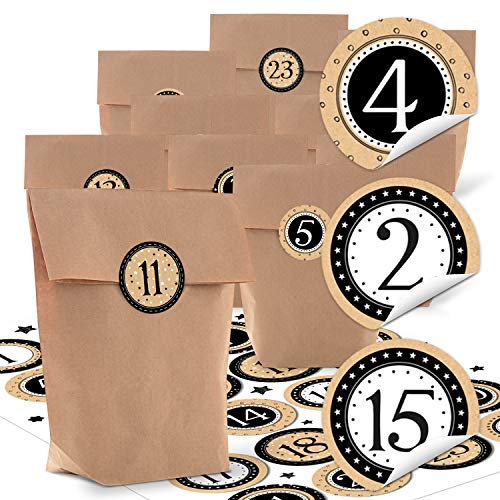 Logbuch-Verlag 24 Adventskalender Tüten aus Kraftpapier mit 1-24 Zahlen Aufkleber 14 x 22 x 5,5 cm zum Befüllen schwarz-weiß
