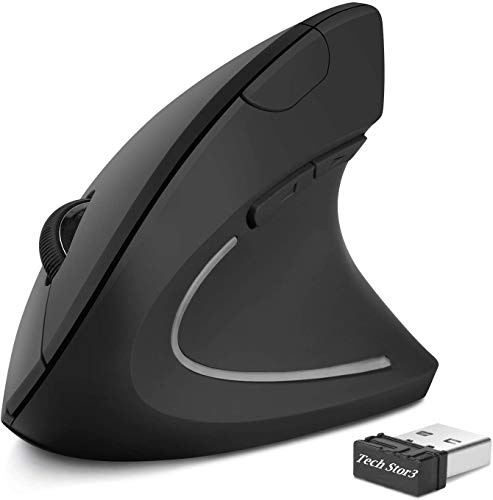 Tech Stor3 Mouse verticale wireless ottico senza fili | 6 tasti | design ergonomico – previene il tunnel carpale (sindrome RSI) - colore nero con retroilluminazione colorata