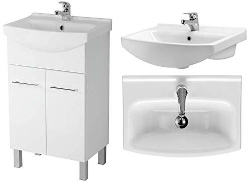 VBChome Badmöbel Weiß 50 cm Waschbecken mit Unterschrank Waschtisch Waschbeckenunterschrank Unterschrank Badezimmerschrank 2 Türen Glanz Waschplatz Stand Standmöbel