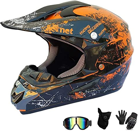 UIGJIOG Motocross Helm mit Brillen Maske Handschuhe, Herren Damen Motorrad-Helm Off-Road Downhill-Enduro-Helm-ATV-MTB-BMX Dirt Bikes Quad Motorräder Full-Face Schutz-Helm