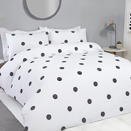 Sleepdown Tufted Polka Dots Circles White Charcoal Soft Cosy Easy Care Luxury Duvet Cover Quilt Bedding Set with Pillowcases - King (230cm x 220cm)