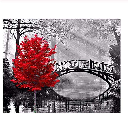 LZQZJD Adult Impossible 5000 Teile Puzzle Roter Ahornbaum Schwarz-Weiß-Brücke Kunst Holz Puzzle Geschenke Für Kinder Und Erwachsene