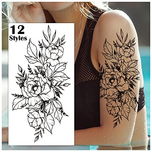 LEADTEAM 12 Blätter Temporäre Tattoos, Fake Tattoo 3D Rose Tattoo Blume Tattoo Klebe Tattoo zum Aufkleben, Klebetattoo Erwachsene Tatoos Aufkleben Damen Fake Tattoo Frauen Tattoo Festival