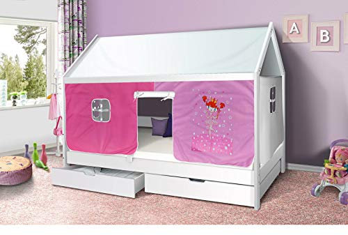 Homeline Hausbett Kinderbett Jugendbett mit Dach ohne Rolllattenrost, mit Prinzessin Vorhang