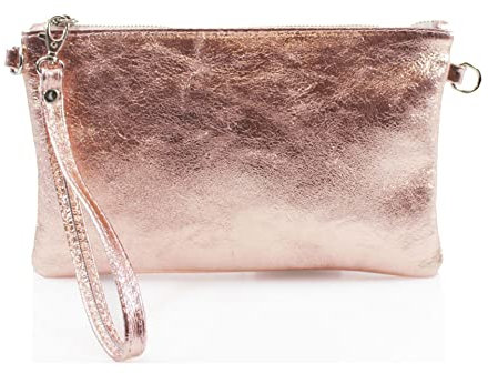 clicktostyle Shinny Metallic Leather Wristlet Clutch Pouch Purse Handbag Women Crossbody Strap Shoulder Bag 8890 (Rose Gold)
