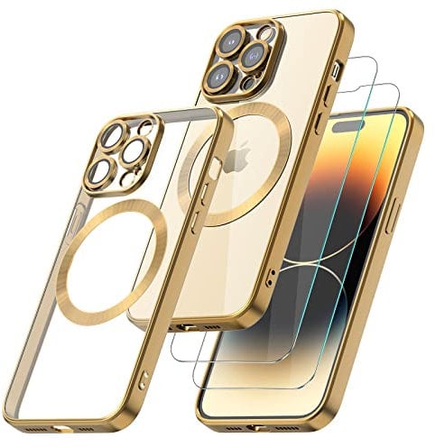 Giolus Clear for iPhone 14 Pro Max Case with MagSafe, Camera Protection and 2 Pack Screen Protector, Transparent Magnetic Slim Silicone Shockproof Scratch Resistant Case Gold
