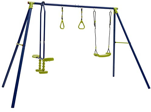 COSTWAY Kids Swing Set with Metal Frame, Swing, Glider and Gym Rings, Children Garden Backyard Playground Equipment for 3 Years Old +