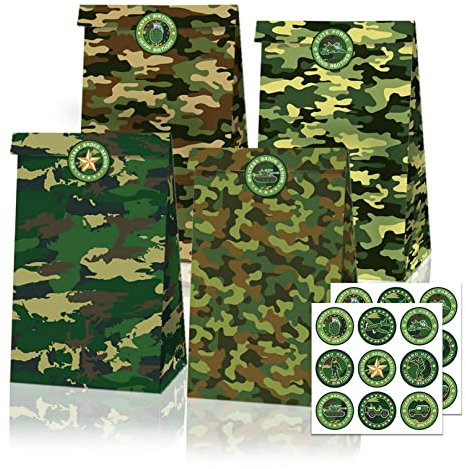 12 Pack Camouflage Party Taschen, Camouflage Thema Geschenk Taschen mit Aufklebern, Camo Party Supplies, Camouflage Design Süßigkeiten Goodie Bags für Kinder