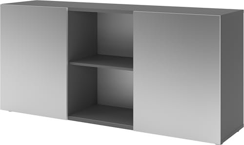 bümö Schwebetürenschrank, Sideboard Graphit/Silber - Büromöbel Sideboard Holz 160cm breit, 42cm schmal, Büro Schrank mit Schwebetür für Flur oder als Wohnzimmer-Kommode