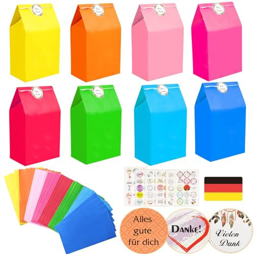Papiertüten, 40 Stück Papiertüten Bunt Geschenktüten mit 72 Deutscher Aufkleber, Candy Tüten zum Verpacken von Geschenken, kindergeburtstag, Hochzeit, Giveaways, Party