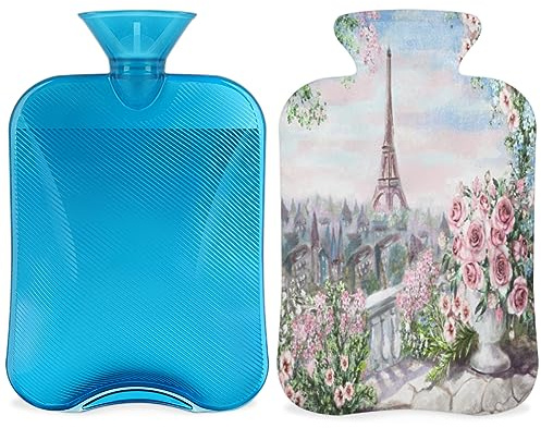 Paris City Landscape Hot Water Bottle with Fluffy Cover 2L Large Capacity Paris Bottle Water Bag for Cosy Nights Relief Pain Back Neck and Shoulders