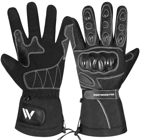 WESTWOOD FOX Motorradhandschuhe für Männer und Frauen, Leder Touchscreen Wasserdicht Warme Winter Motorradhandschuhe für Racing, Reiten, ATV, UTV und Outdoor Aktivitäten (SCHWARZ, L)