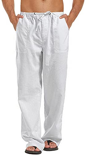 Kvruhuiy Herren Hosen Leinenhosen Baumwolle Freizeithose Casual Yoga Hose Strandhose Sommerhose Weiß XL