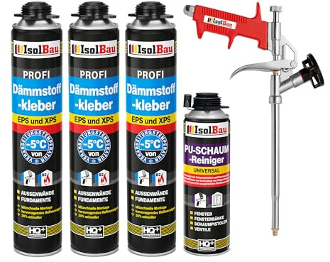 Isolbau B2 Dämmstoffkleber SET - 3 x 750 ml Perimeterkleber, 1 x PU-Schaum-Reiniger & 1x Schaumpistole für EPS & XPS-Platten - 1K PU-Klebeschaum für Fixieren & Befestigen