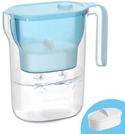 Waterdrop PT-05B-L Water Filter Pitcher, 7-Cup, NSF Certified, 200-Gallon Long-Life Filter Purifier, Reduces Chlorine and PFOA/PFOS, for Countertop, Replaces 6,400 Plastic Water Bottles a Year, Blue