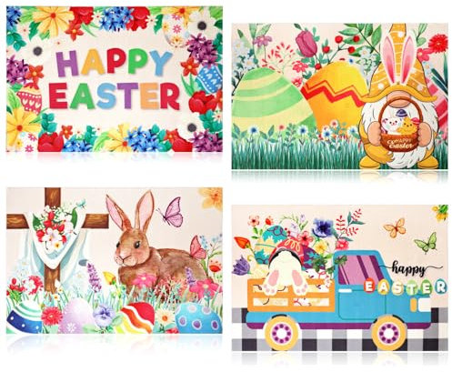 Set di 4 tovagliette con coniglietto di Pasqua, lino Gnomi Uova Pasqua Tovagliette Lavabili Antiscivolo Resistenti al Calore per la primavera, la cucina, la casa, le vacanze, le feste, 12x18In