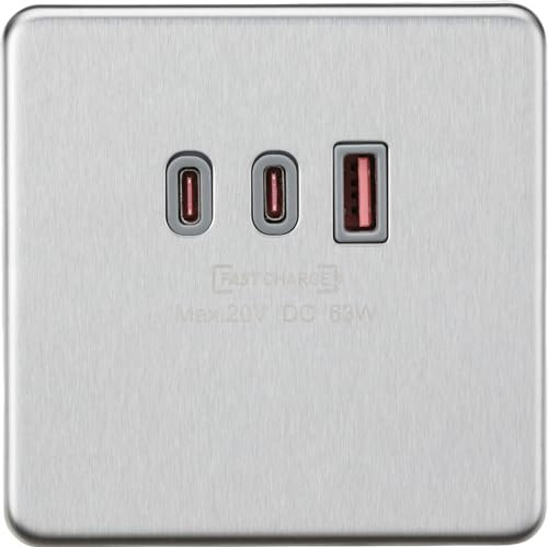 Knightsbridge230V Triple USB Charger Plate 2xUSB-C 1xUSB-A [20V DC Max. 63W] - Brushed Chrome with grey insert