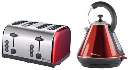 SQ Professional Kettle & Toaster Sets Breakfast Set 2pc Kettle 2200W & 4 Slice Toaster with Wide Slots Rapid Boil Electric Kettle Stainless Steel Defrost Reheat (Gems 4 Slots Toaster Set-Ruby)