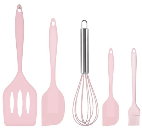 Silicone Spatula Set, 3 Pcs Heat-Resistant Spatula with Whisk & Brush, Non-Stick Rubber Kitchen Utensils Set for Cooking Baking & Mixing (Pink)