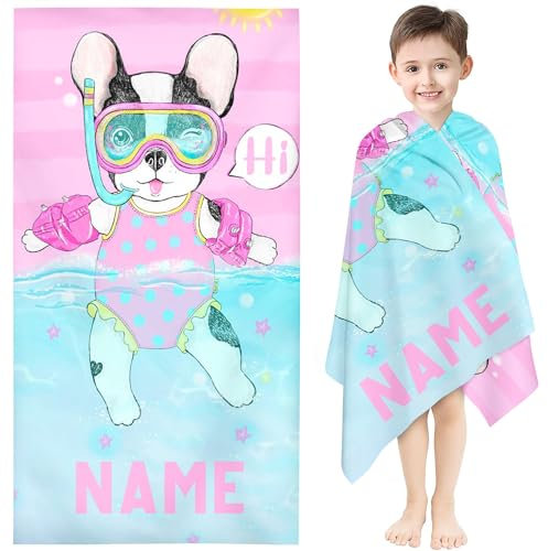 Qiqumax Personalisiert Strandtuch Hund Mit Namen, Süßer Hund Handtuch Badetuch Mit Namen Cartoon Hund Mikrofaser Strandtuch Groß 100x200cm Badetuch Für Kinder (1,100 x 200 cm)