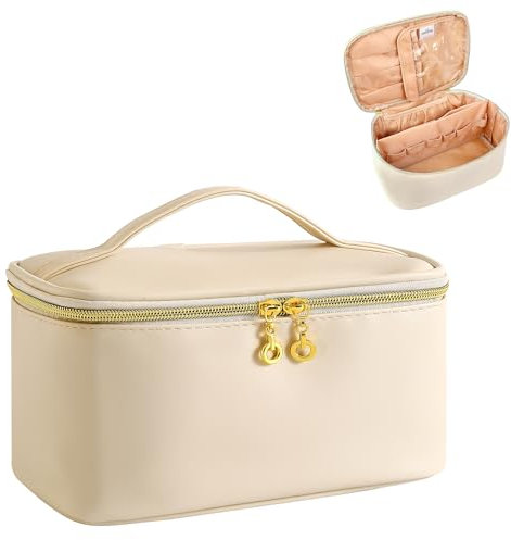 ZIOSINM Beauty Case da Viaggio Donna, 25 x 17 x 12 cm Porta Trucchi da Viaggio Organizer Con Tasca per Pennelli e Divisorio Trousse Trucchi per Cosmetici Con Scomparto in Pelle di PU (Beige)
