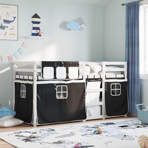 Brokky Etagenbett mit Vorhängen Weiß & Schwarz 80x200 cm Kinder Etagenbett Kinderbett Doppelbett Kinderhochbetten Bett Kiefernholz
