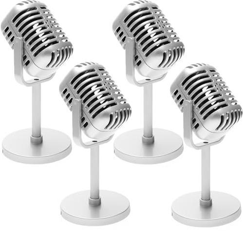 Windspeed 4Pack Retro Microphone Props Model, Antique Microphone Prop for Vintage Microphone Prop with Stand for Party Decorations Pretend Play(Not True) (Silver)