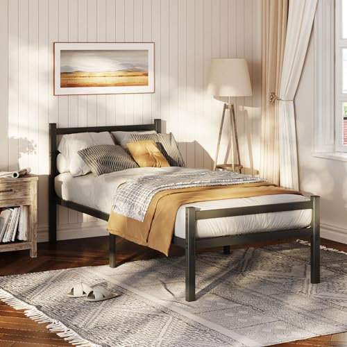 MUTUN 3ft Single Bed Frame with Headboard, Black Metal Bed Frame with Storage for Adults, Heavy Duty Platform Bed Frame, No Box Spring Needed