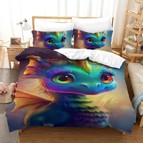 GAOYUCHUN Dragon with Colorful Horns Bettbezug Set Bettwäsche-Sets Kinderbettwäsche-Set Reißverschluss Mit Kissenbezug Betten Set Für Jugendliche Kinder Schlafzimmer Single（140x200cm）