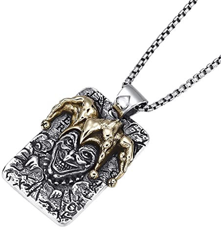 Halsketten Männer, Totenkopf-Joker-Anhänger für Herren, Gothic-Vintage-Joker-Halskette aus S925-Sterlingsilber, Silber, Anhänger + Kette 60 cm
