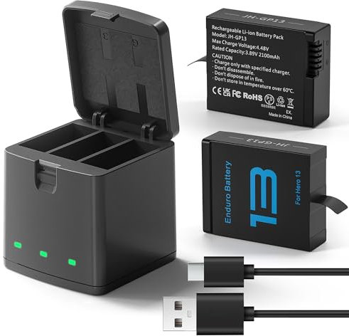 2 Pack Rechargeable Batteries for GoPro HERO13, Channel Charger Station with Type-C Cable High-Capacity 2100mAh Batteries, Black