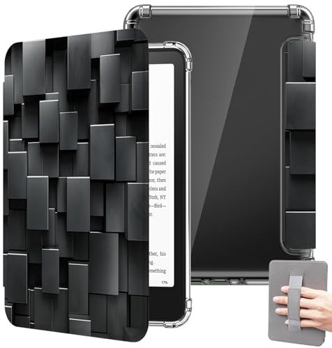 Hülle für Kindle Paperwhite (12. Generation) und Kindle Colorsoft Signature Edition 2024, 7 Zoll weiche transparente TPU-Rückseite mit Handschlaufe und automatischem Wake/Sleep, 3D Schwarze Wand