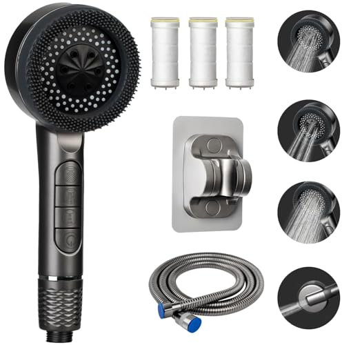 Pommeau de Douche Haute Pression, Pommeau Douche Anti Calcaire 4 Types de Jets Pommeau de Douche Economie Deau avec Tuyau Douche 1.5M et Support de Douche, avec Bouton D'arrêt D'eau, Gris