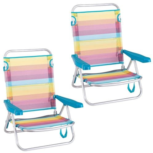 2 sillas playa plegables Rainbow, sillas camping, sillas bajas reclinables 4 posiciones, sillas aluminio con respaldo-asiento textileno transpirable, arco iris, multicolor, sillas fácil transporte.
