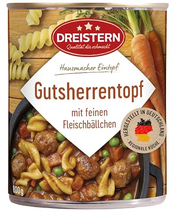 DREISTERN Gutsherrentopf 800g I Mit Fleischbällchen & Gemüse I Herzhafter Eintopf in recyclebarer Konservendose I Lange Haltbarkeit dank natürlicher Konservierung I Hausmacher Qualität