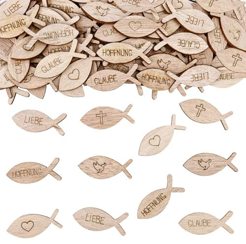 KOBOKO 100 Stk Holz Fische Deko Streudeko Taufe,Tischdeko Taufe Deko,Konfirmation Dekoration Mädchen Junge,Holzfische Kommunion Dekoration, Taufdeko Konfetti,Fisch Deko für Konfirmation Kommunion (A)