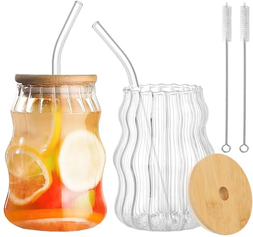 Forbabe 2 Stück 500 ml Glasbecher mit Deckel und Strohhalm, Verdicktes Glas | Trinkgläser Luftdicht Wasserdicht Trinkbecher Gläser, Becher Trinkglas für Fruchtsaft/Smoothies/Bier/Kaffee/ Gemüsesaft/Tee