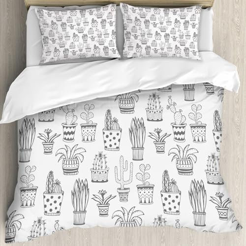 MJNLYDAO Bedding duvet set Reversible soft print set Hypoallergenic glue cover Bedding kit with 2 pillowcases,Doodle Flowers in Pots and Zig Zags,178x208cm