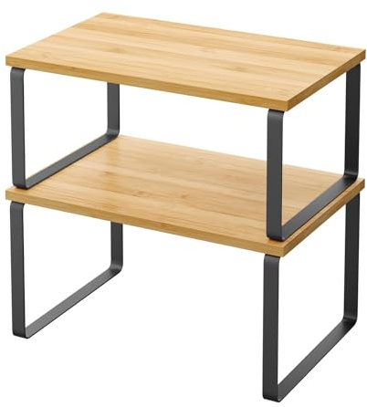 Eidoct Kitchen Organiser Shelf, Set of 2 Stackable & Expandable Cabinet Storage Shelves for Pantry Cupboard, Kitchen Storage, Spice Rack - Metal and Engineered Wood (Black and Natural)