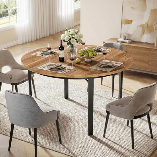 Lailang 120cm Esstisch Rund, Esstisch Holz, für 4-6 Personen mit Metallbeinen, MDF Holzwerkstoff Tischplatte, 118.5 x 118.5 x 76 cm, Braun, für Esszimmer und Küche