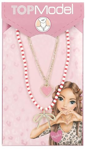 Depesche 13809 TOPModel Leoheart - Zweifach Halskette, vergoldet, Schmuck mit rot-weißen Perlen und Anhängern, variabel in der Länge (42 cm + 5 cm)
