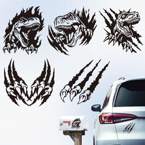 Hobbspring 5Pcs 3D Realistische Dinosaurier Kralle Autoaufkleber T-Rex Kratzer Vinyl Aufkleber Für Autofenster SUV LKW Laptop Helm Schwarze Wasserdichte Auto Aufkleber