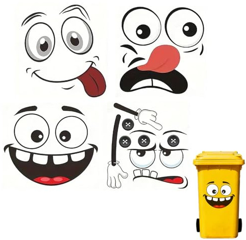4 Sheets Wheelie Bin Stickers Adhesive Cartoon Expressions Dustbin Decal Decorative Wall Stickers Eyes and Mouth DIY Large Decal for Fridge Bins Wall, Indoor Outdoor(Cute Style)